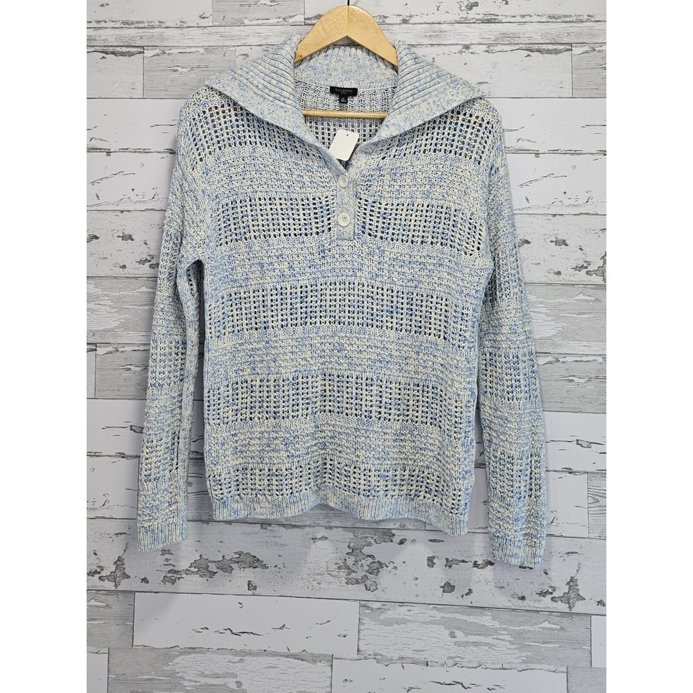 Talbots Petite Women Blue White Marled Cotton Open Knit Shawl Collar Sweater MP